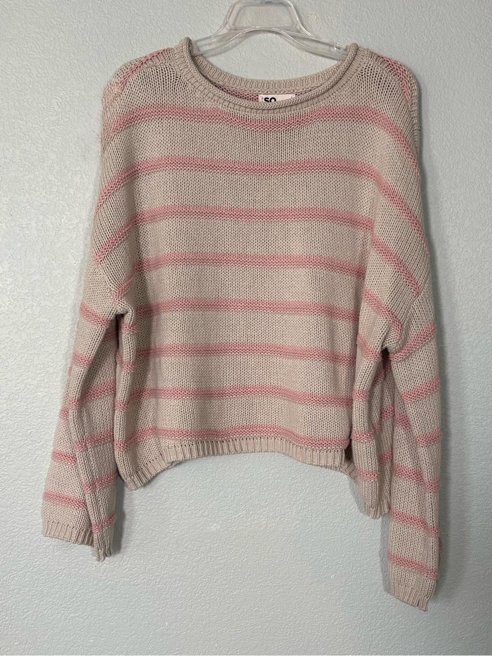 Striped Knit Crewneck Sweater - Beige with Pink Stripes Sz L Like New
